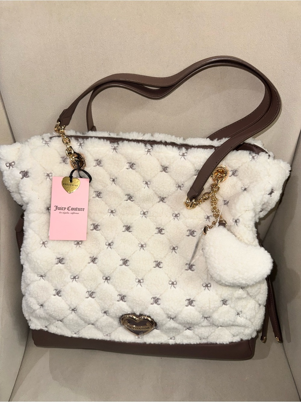 Juicy Couture White Quilted Shearling Tote with Brown Trim and Heart Charm